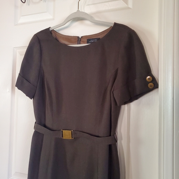 Tahari Arthur S Levine Olive Green Midi Dress Belted Short Sleeves Career Office - Picture 2 of 13